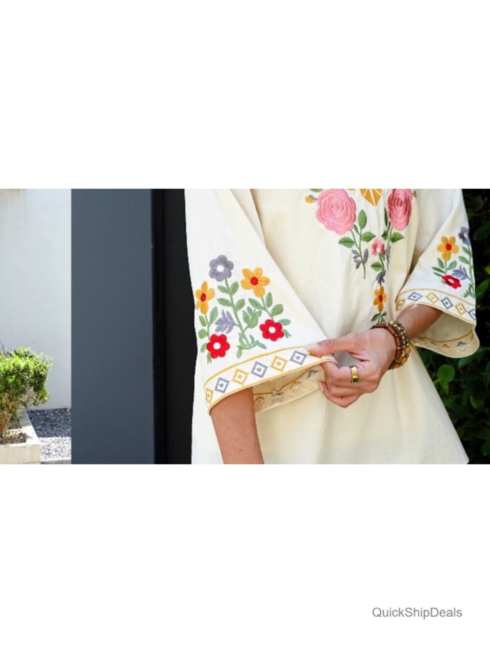 Women's Mexican Embroidered Boho Tunic Top 3/4 Sleeve Peasant Blouse Cotton - Picture 6 of 6